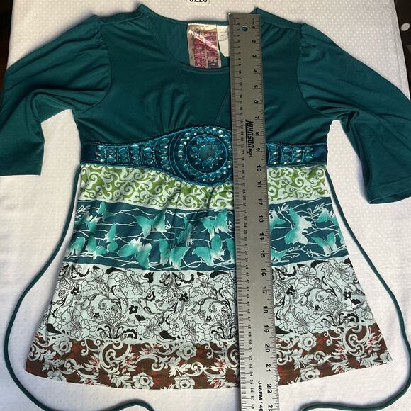 Fresh Brewed Girl 3/4 Sleeve Blouse for Girls, size L, Green Blue,Shining Stones - Picture 4 of 8